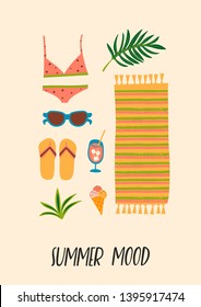 Ilustración vectorial de los accesorios de playa de verano. Elemento de diseño para el concepto de verano y otro uso.