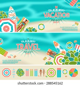 Vector illustration of summer beach banners and icons with blurred background