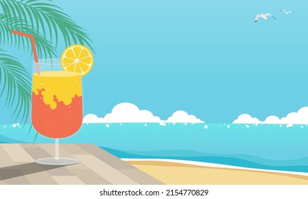 Vector illustration of summer beach and cocktail banner background with copy space.