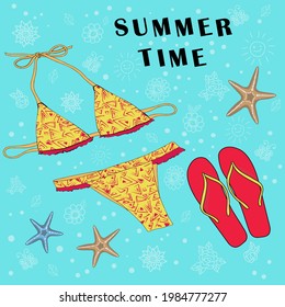 Vector illustration of a summer beach collection. Cute icons for relaxing. It can be used for printed materials. Travel on the background of rest. Hand-drawn design elements. A holiday card.