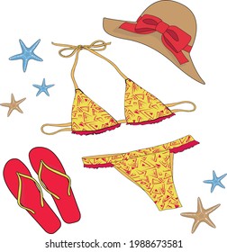 Vektorgrafik einer Badekollektion im Sommer. Cute Feiertagsbilder. Es kann für Drucksachen verwendet werden. Reisen Sie auf dem Hintergrund der Ruhe. Handgezeichnete Design-Elemente. Eine Urlaubskarte.