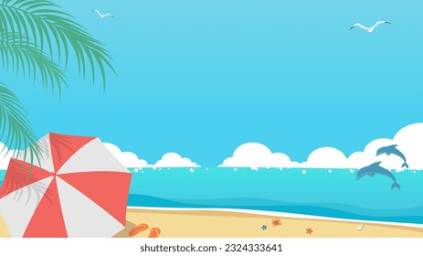 Ilustración vectorial de la playa de verano con delfines y palmeras. Fondo tropical del mar y del cielo.