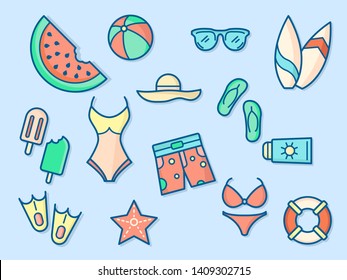 Vector illustration of a summer and beach elements. Contains such as volleyball, watermelon, hat, starfish, sunblock and more. flat illustration style line drawing and background color blue. 