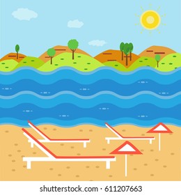 Vector illustration of a Summer beach in flat design, aerial view, sea side, umbrellas