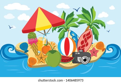 Vector illustration of summer, beach and fruits. Suitable for wallpapers, banners, backgrounds, cards, book illustrations and web landing pages and other needs