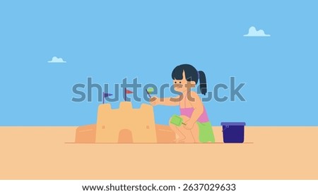 Vector illustration of summer beach fun, a kid, toddler making sandcastle. Building sand castle on sea coast, enjoying seaside resort vacation, holiday.