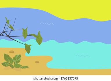 Vector illustration for a summer beach holiday. Sandy shore sea, sun, sky and tropical plants this is a real vacation. Designed for poster, banner, postcard