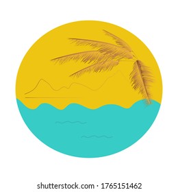 Ilustración vectorial para unas vacaciones de verano en la playa. Mar, sol, cielo y plantas tropicales - estas son unas vacaciones reales. Composición de póster, banner, postal