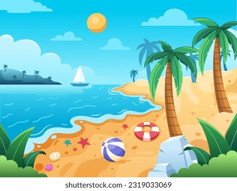 Ejemplo vectorial del paisaje de playa de verano, con una serena orilla de mar con una brillante arena dorada, tranquilas olas acariciando la orilla y ambiente vacacional.
Perfecto para tarjetas de felicitación, postales, banner.