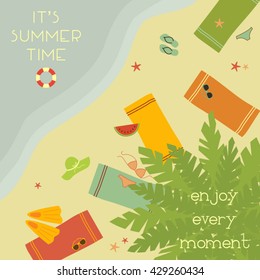 vector illustration of summer beach with note saying it's summertime - enjoy every moment
