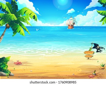 Vector ilustra la playa de verano y las palmeras en el fondo del mar y la fragata. Para imprimir a petición, anuncios y comerciales, revistas y periódicos, portadas de libros, folletos