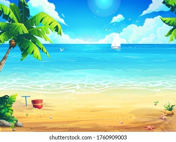 Vector ilustra la playa de verano y las palmeras al fondo del mar y el barco blanco. Para imprimir a petición, anuncios y comerciales, revistas y periódicos, portadas de libros, folletos