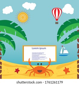 Vector illustration summer beach and palm trees on the background of the sea and sailboat. For print on demand, advertisements and commercials, magazines and newspapers, book covers, flyers. 