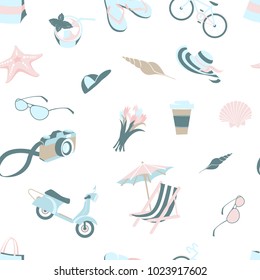 Vector illustration Summer beach party seamless pattern: seashells and starfish, cocktail and beach chair with umbrella, camera and scooter with bicycle. Flat style. White, pink and green blue colours