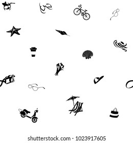 Vector illustration Summer beach party seamless pattern: seashells and starfish, cocktail and beach chair with umbrella, camera and scooter with bicycle. Flat style. Black and white colours