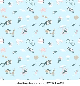 Vector illustration Summer beach party seamless pattern: seashells and starfish, cocktail and beach chair with umbrella, camera and scooter with bicycle. Flat style. White, pink and green blue colours