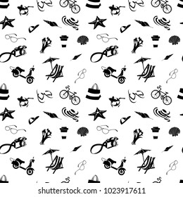 Vector illustration Summer beach party seamless pattern: seashells and starfish, cocktail and beach chair with umbrella, camera and scooter with bicycle. Flat style. Black and white colours