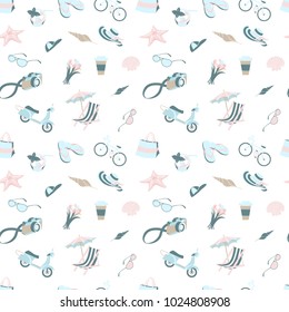 Vector illustration Summer beach party seamless pattern: seashells and starfish, cocktail and beach chair with umbrella, camera and scooter with bicycle. Flat style. White, pink and green blue colours