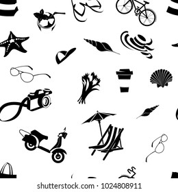 Vector illustration Summer beach party seamless pattern: seashells and starfish, cocktail and beach chair with umbrella, camera and scooter with bicycle. Flat style. Black and white colours