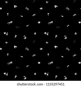 Vector illustration Summer beach party seamless pattern: seashells and starfish, cocktail and beach chair with umbrella, camera and scooter with bicycle. Black and white colours
