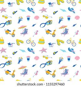 Vector illustration Summer beach party seamless pattern: seashells and starfish, cocktail and beach chair with umbrella, camera and scooter with bicycle. Flat style. White, pink, yellow, blue colours