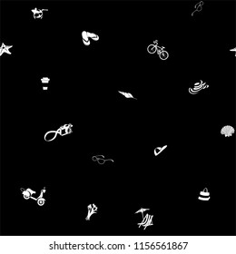 Vector illustration Summer beach party seamless pattern: seashells and starfish, cocktail and beach chair with umbrella, camera and scooter with bicycle. Black and white colours