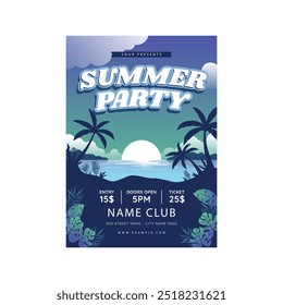 Vector Illustration of Summer Beach Party Flyer Poster Design Template with Flower and Beach Ball on Tropical Island