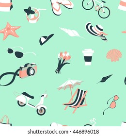 Vector illustration Summer beach party seamless pattern: seashells and starfish, cocktail and beach chair with umbrella, camera and scooter with bicycle. Flat style. White, pink and green mint colours