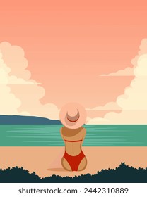 Ilustración vectorial. Playa de verano, diseño de póster, banner, postal, portada. Turismo, viajes.