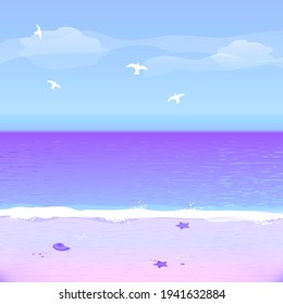 Vector illustration Summer Beach. Sand and Ocean. Blue Sky with Clouds. Summer Design for Beach Party Placard.