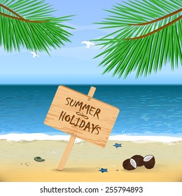 Vector illustration Summer Beach. Sand and Ocean. Blue Sky with Clouds. Summer Design for Beach Party Placard.