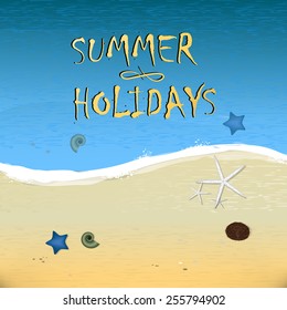 Vector illustration Summer Beach. Sand and Ocean. Blue Sky with Clouds. Summer Design for Beach Party Placard.