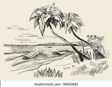 Vector illustration of summer beach and sea.