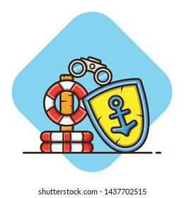 Vector illustration of summer beach security. Three floats red and white, buoy red and white, save guide, binoculars and anchor board. Flat cartoon style suitable for web landing page, banner, flyer,