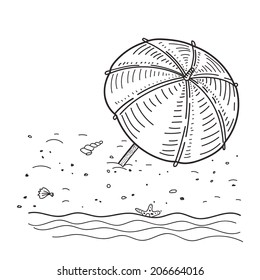 Vector illustration of summer beach sketch, umbrella, sand sea shore, shells and waves, isolated on white