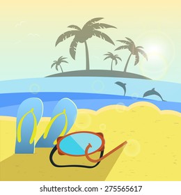 Vector illustration, summer beach, slippers and snorkeling. Summer background