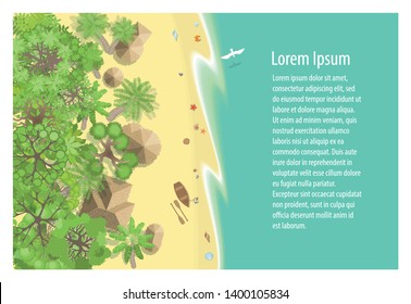 Vector illustration. Summer beach. Sunny coast. (Top view) Time to travel - sun, beach, sea, palm. (View from above)