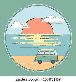 vector illustration of summer beach at sunset, flat style print