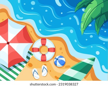 Vector illustration of summer beach from top view. Showcases a vibrant assortment of items, including an umbrella, beach balls, swim ring, a surfboard, sandals, and a mat, laid out on the sandy shore.