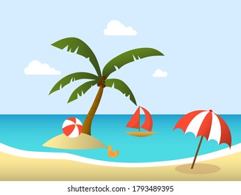 vector illustration of summer beach in tropical island with umbrella, ball, boat, and palm tree. summer season background template.