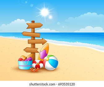 Vector illustration of Summer beach with wooden arrow