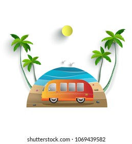 Vector illustration in summer. beautiful beach scenery and tropical trees. holidaying by car. paper art design