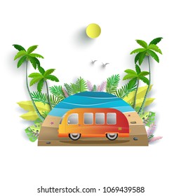 Vector illustration in summer. beautiful beach scenery and tropical trees. holidaying by car. paper art design