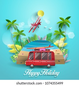 Vector illustration in summer. beautiful beach scenery and tropical trees. happy holiday