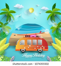 Vector illustration in summer. beautiful beach scenery and tropical trees. happy holiday