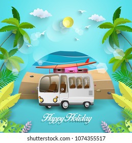 Vector illustration in summer. beautiful beach scenery and tropical trees. happy holiday