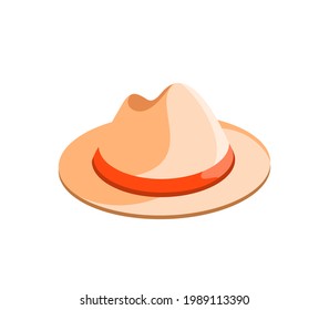Vector illustration of summer beige sunhat with red ribbon isolated on white background. Fedora, straw hat, bonnet, beach hat. Flat design icon