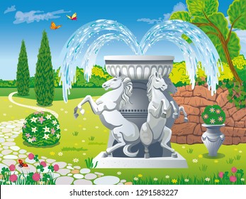 Vector illustration of a summer blooming garden with a beautiful fountain with sculptures of white horses