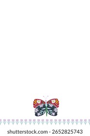 Vector Illustration of summer blue Floral Butterfly. Folk Art. rose border can be used for textile kitchen towel.