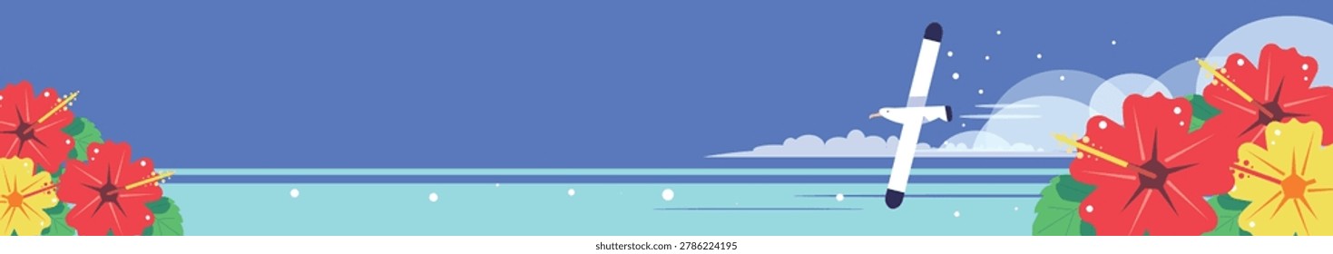 Vector illustration of summer blue sky and sea background with hibiscus flowers and a flying sea bird